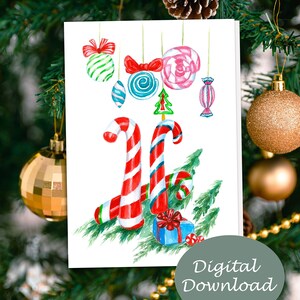 Druckbare Aquarell-Weihnachtskarte mit Zuckerstangen, Sofort Download, doppelseitige Grußkarte, falten und schneiden auf 13 und 17 cm