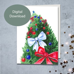 Druckbare Aquarell Grußkarte mit Weihnachtsbaum und Bändern, Sofort Download, doppelseitige Grußkarte, falten und schneiden auf 13cm und 18cm