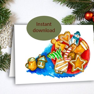 Weihnachtsplätzchen Aquarell Karte zum Ausdrucken, Sofort Download, doppelseitige Grußkarte, falten und schneiden auf 5"und 7"