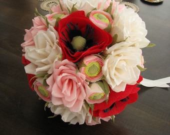 Paper flower wedding bouquet, Ivory Pink paper roses, Crepe paper flower, Red poppies, Bridal bouquet, Bridal roses bouquet, Ranunculus buds