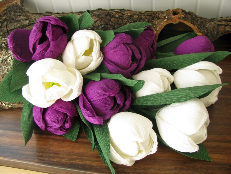Große weiße lila Tulpen Crepe Papier Blumen Braut Bouquet | Etsy