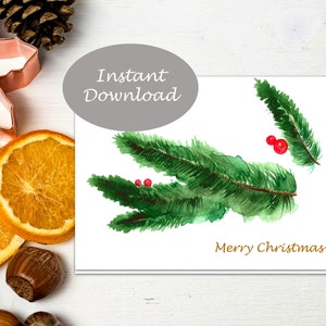 Weihnachtszweige Aquarell Karte zum Ausdrucken, Sofort Download, doppelseitige Grußkarte, falten und schneiden bis 5"und 7"