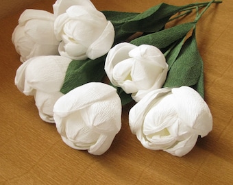 White large paper tulips, Crepe paper flowers, Wedding flowers, Handmade, Gift for women, White paper decoration