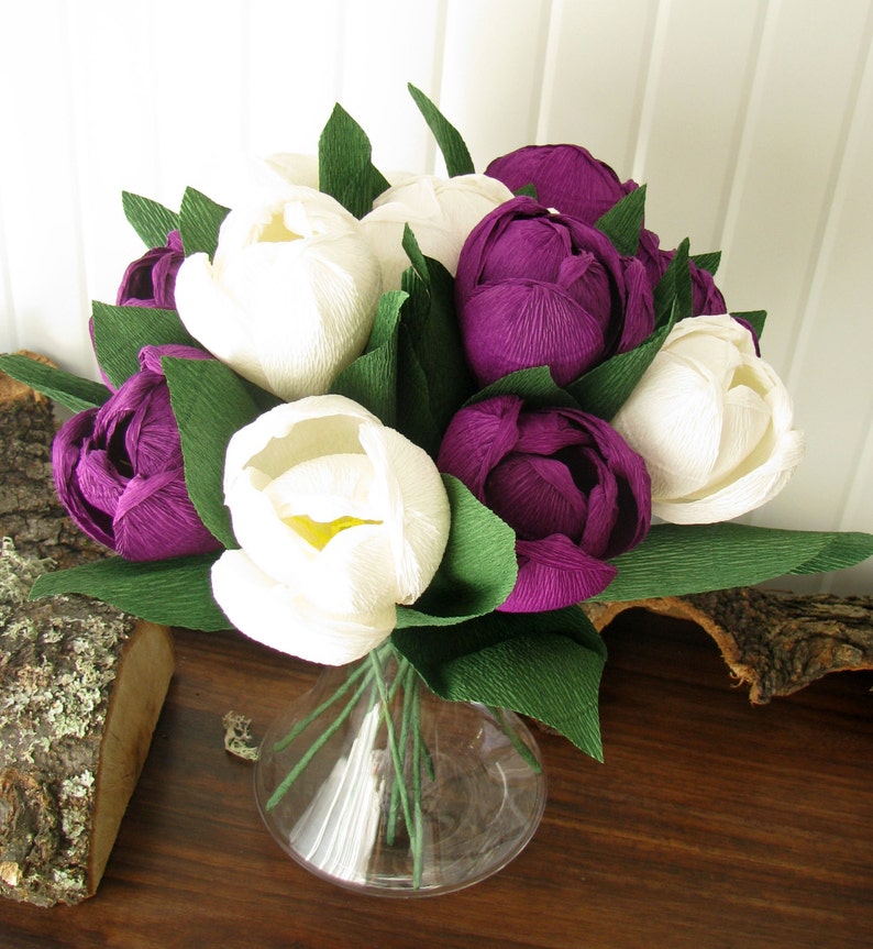 Große weiße lila Tulpen Crepe Papier Blumen Braut Bouquet | Etsy