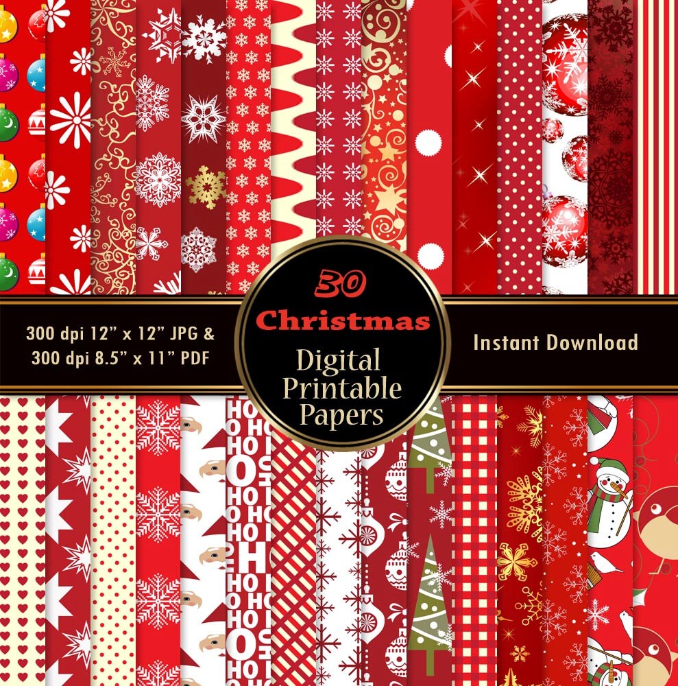 Christmas Digital Paper Scrapbook Paper Pack 30 Red Printable | Etsy