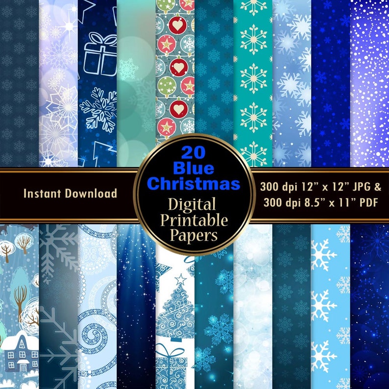 Blue Christmas Digital Paper Background Printable Wrapping 20 Etsy