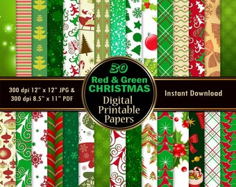 Christmas Scrapbook Paper Christmas Digital Paper Pack 30 Red Green Printable Wrapping Tree Santa Snowflake DOWNLOAD 12x12 JPG PDF