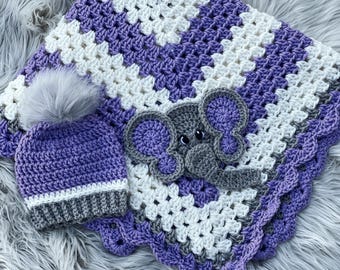 Handmade Crochet Elephant Baby Blanket Set: Purple, Ivory & Grey