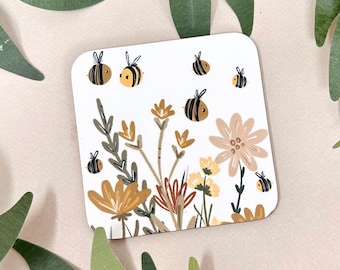Bee Coaster - Bee Decoration -Autumnal Floral - Drinks Coaster - Dining Room Decor - Housewarming Gift - Autumn -Fall Decor -Cup Mat -Kawaii