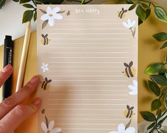 Bee Happy Notepad - To do list notepad - Stationery Lover - A5 Notepad - Desk Notepad -  Bee Notepad - Bee Gift - Cute Notepad