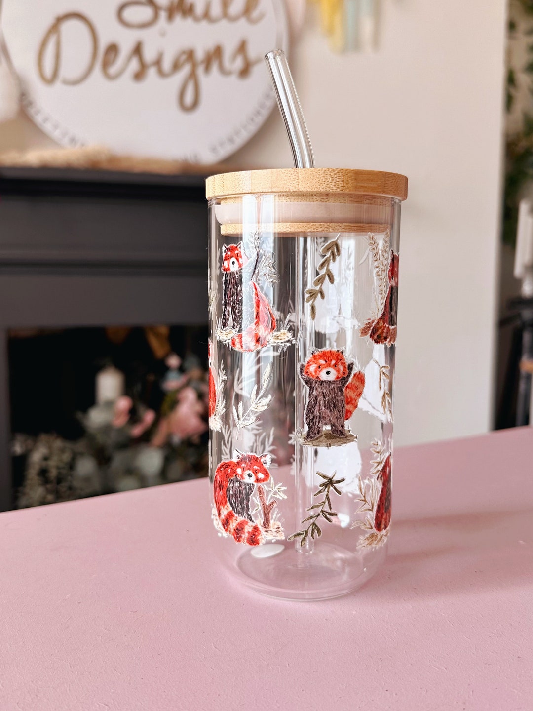 Red Panda Glass Tumbler With Bamboo Lid and Glass Straw - Glass Can Cup ...