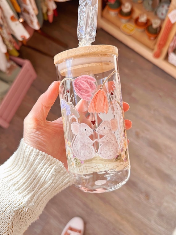 LINXIU Confezione da 2 bicchieri a forma di lattina da 500 ml, bicchieri in vetro con coperchio in bambù e cannuccia in vetro, per cocktail, whisky, soda birra