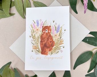 Botanical Engagement Card - Bohemian Bear Engagement Card - Congratulations Engagement - Woodland Animal Card-Kawaii Wedding Engagement Card