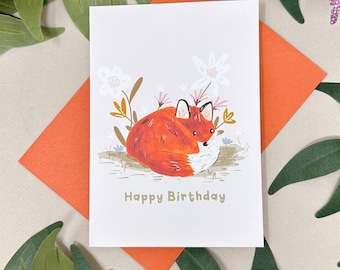 Biglietto di compleanno volpe - Biglietto di compleanno floreale volpe - Biglietto di compleanno carino volpe - Biglietto animale del bosco - Biglietto di buon compleanno Kawaii - Regalo amante della volpe