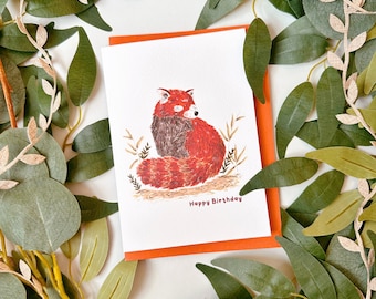 Carte d'anniversaire panda roux - carte d'anniversaire botanique panda roux - jolie carte d'anniversaire panda roux - carte animal - carte de joyeux anniversaire kawaii