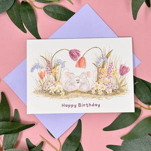 Carte anniversaire souris fleur sauvage - carte souris - carte d'anniversaire botanique - carte amoureux du jardin - carte fleur Sprijg - tulipes - anniversaire fleur