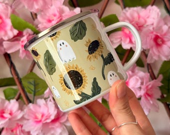 Tazza con girasole fantasma - Tazza da campeggio - Tazza in latta per roulotte - Idea regalo per giardiniere - Tazza da picnic - Tazza da passeggio - Tazza smaltata da campeggio