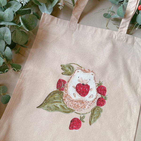 Hedgehog Strawberry Tote Bag - Illustrated Tote Bag - Hedgehog Bag - Hedgehog Shopper Bag - Hedgehog Gift - Reusable Bag - Cute Tote Bag