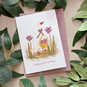 Carte d'anniversaire fleurs canard - jolie carte - idée cadeau amateur de canard - format A6 - carte d'anniversaire illustrée - style bohème - thème printemps-faune