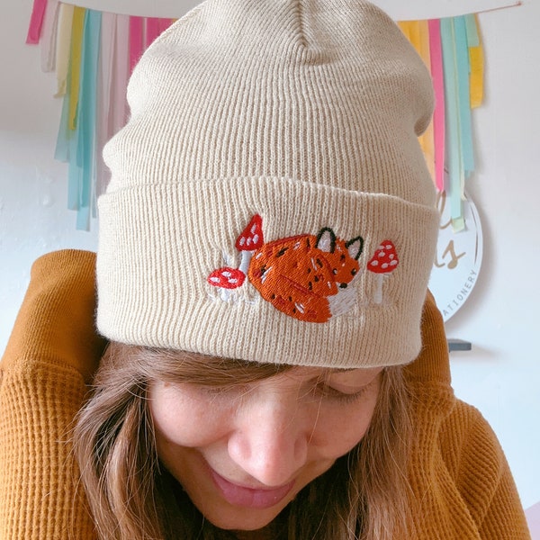 Fox Beanie Hat - Embroidered Hat - Embroidered Beanie Hat - Mushroom Fox Hat - Fall Hat - Winter Hat - Winter Headwear - Knit Beanie - Fox