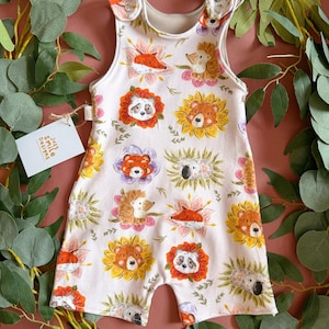 Korte romper met bloemendier - katoenjersey romper - babyromper vos - cadeau nieuw babymeisje - babykleding - kinderkleding - handgemaakte romper