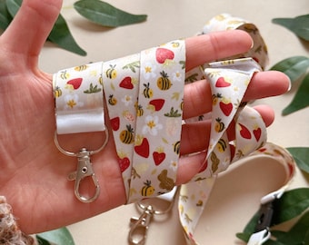 Lanière d'abeille aux fraises - porte-badge d'identité - cadeau abeille - travail - collège - lanière d'école - clés - porte-clés - idée cadeau de départ - papeterie kawaii