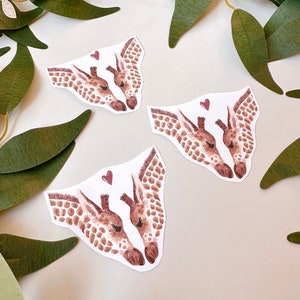 May include: Three watercolor illustrations of two giraffes kissing with a small red heart above them. The giraffes are facing each other and their necks are intertwined. The illustrations are on a white background.