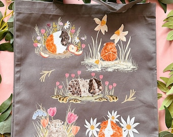 Guinea Pig Tote Bag - Illustrated Tote Bag -Book Bag Tote -Holiday Beach Bag-Teacher Tote Bag Gift- Tote Bag with Gusset -Everyday Tote