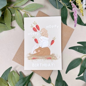 Konijn verjaardagskaart - Hoppy verjaardag konijn kaart - schattige Bunny verjaardagskaart - lente kaart - Kawaii Happy Birthday Card - konijn minnaar kaart