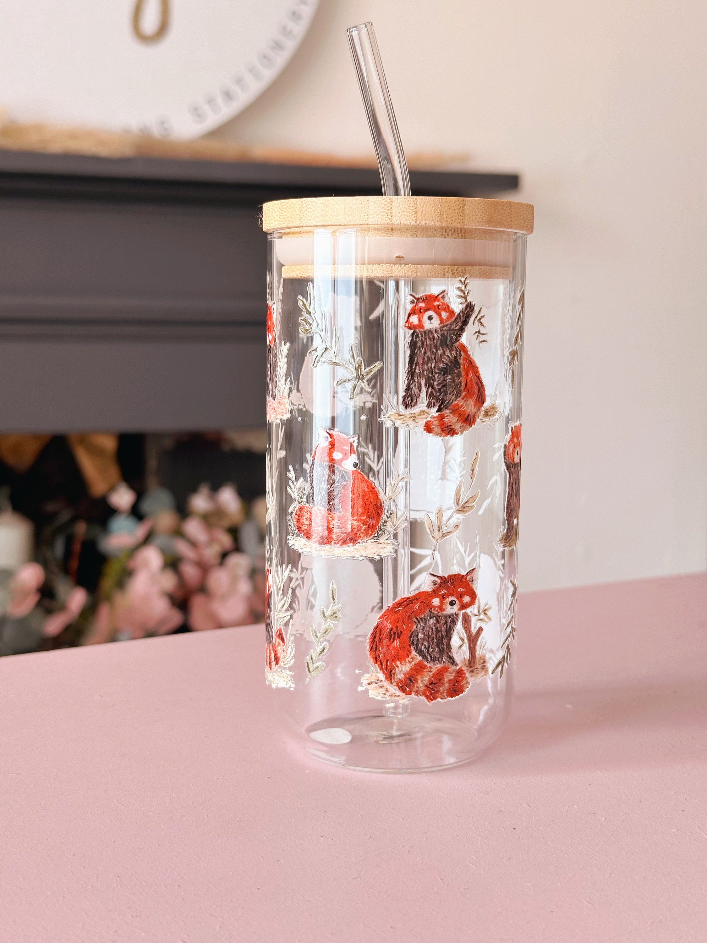 Red Panda Glass Tumbler With Bamboo Lid and Glass Straw - Glass Can Cup ...