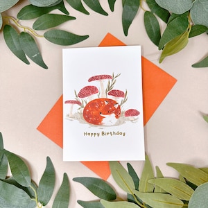 Fox Birthday Card - Mushroom Birthday Fox Card - Cute Fox Birthday Card - Woodland Animal Card - Kawaii Happy Birthday Card - Fox Lover Gift