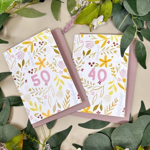 Biglietto d'auguri per l'età del fiore primaverile, biglietto floreale per 50°, 18°, 21°, 30°, 40°, 60°, biglietto di compleanno Milestone