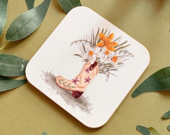 Floral Cowboy Boot Coaster - Spring Coaster -Country Lover Gift - Coffee Drinks Coaster - Dining Room - Housewarming Gift - Cup Mat - Kawaii