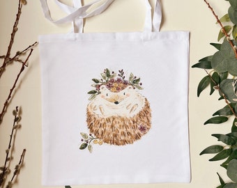 Floral Hedgehog Tote Bag - Illustrated Tote Bag - Hedgehog Bag - Hedgehog Shopper Bag - Hedgehog Gift - Reusable Bag - Cute Tote Bag