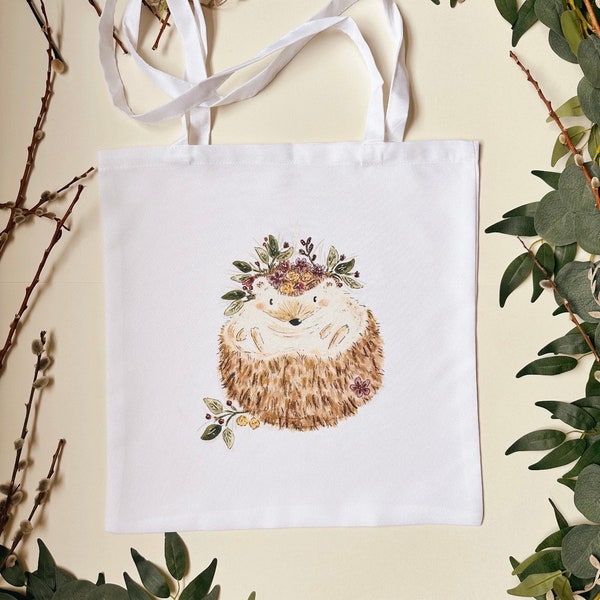 Floral Hedgehog Tote Bag - Illustrated Tote Bag - Hedgehog Bag - Hedgehog Shopper Bag - Hedgehog Gift - Reusable Bag - Cute Tote Bag