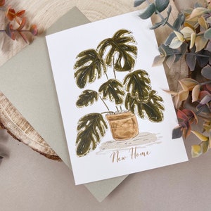 Botanische nieuwe thuiskaart - Monstera Plant Card - nieuwe thuiskaart - Plant nieuwe thuiskaart - geïllustreerde kaart - bloem nieuwe thuiskaart - bewegende kaart