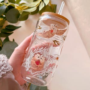 Sea Otter Glass Tumbler with Bamboo Lid and Glass Straw - Glass Coffee Cup - Cold Brew Tumbler  -Iced Coffee Cup -  Illustrated Tumbler -Cup