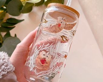 Sea Otter Glass Tumbler with Bamboo Lid and Glass Straw - Glass Coffee Cup - Cold Brew Tumbler  -Iced Coffee Cup -  Illustrated Tumbler -Cup