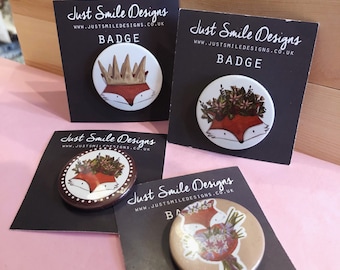 Fox Badges - Floral Fox badge - King Fox Badge - Fox Pin Back Buttons - Badges - Fox badge - Woodland Animal Badge