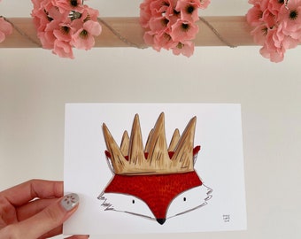 Fox Art Print - Floral Fox - Children’s Bedroom Art Print - Nursery Wall Art - Boho King Fox Illustration - Woodland Animal Theme