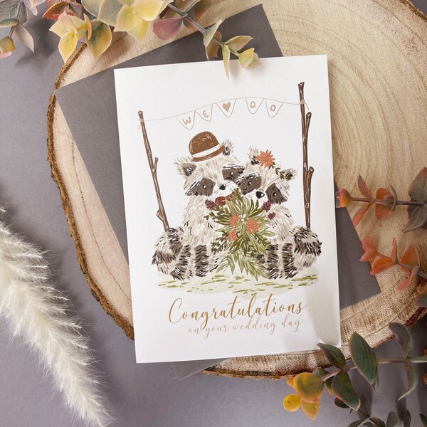 Raccoon Wedding Card - Mr & Mrs Wedding Card - Raccoon Card - Bohemian Wedding Card - Quirky Wedding Card - Congratulations Card - Boho