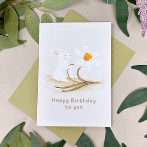 Konijn verjaardagskaart - narcis verjaardag konijn kaart - schattige Bunny verjaardagskaart - lente kaart - Kawaii Happy Birthday Card - konijn minnaar