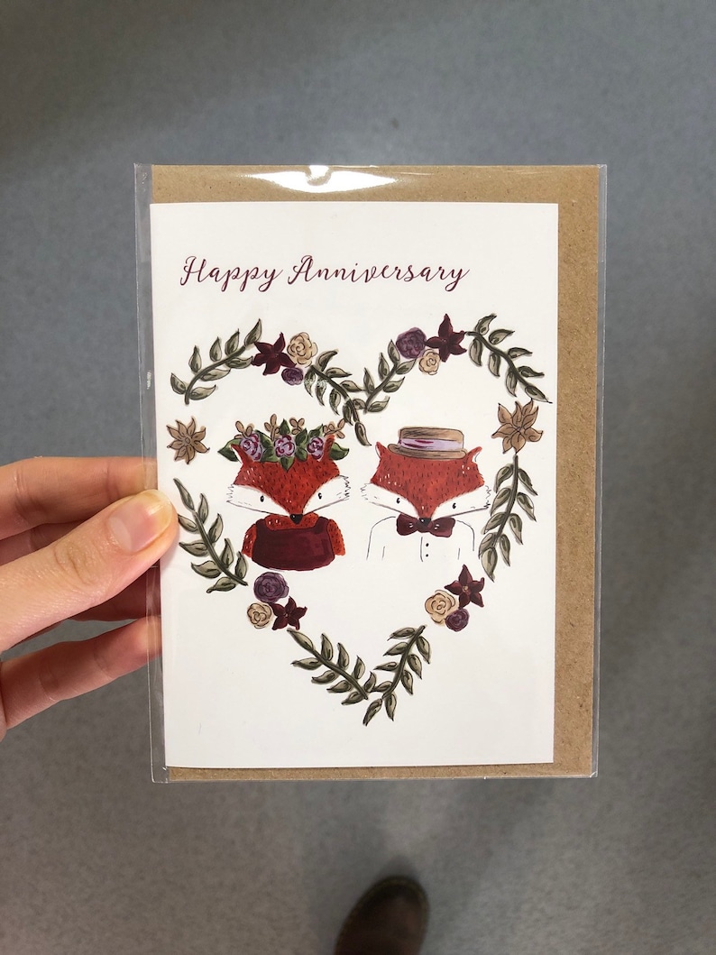 Fox Happy Anniversary Mr and Mea Fox card fox love card congratulations wedding anniversary card floral heart