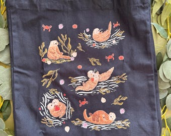 Sea Otter Tote Bag - Illustrated Tote Bag -Book Bag Tote -Holiday Beach Bag-Teacher Tote Bag Gift- Tote Bag with Gusset -Everyday Tote