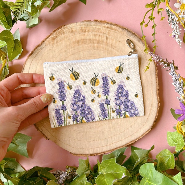 Bee Zip pouch - Linen Bag - Lavender Bee Bag - Jewellery Bag - Bee Pouch - Small Pencil Case - Gift Pouch - Zipper Pouch - Zip Pouch