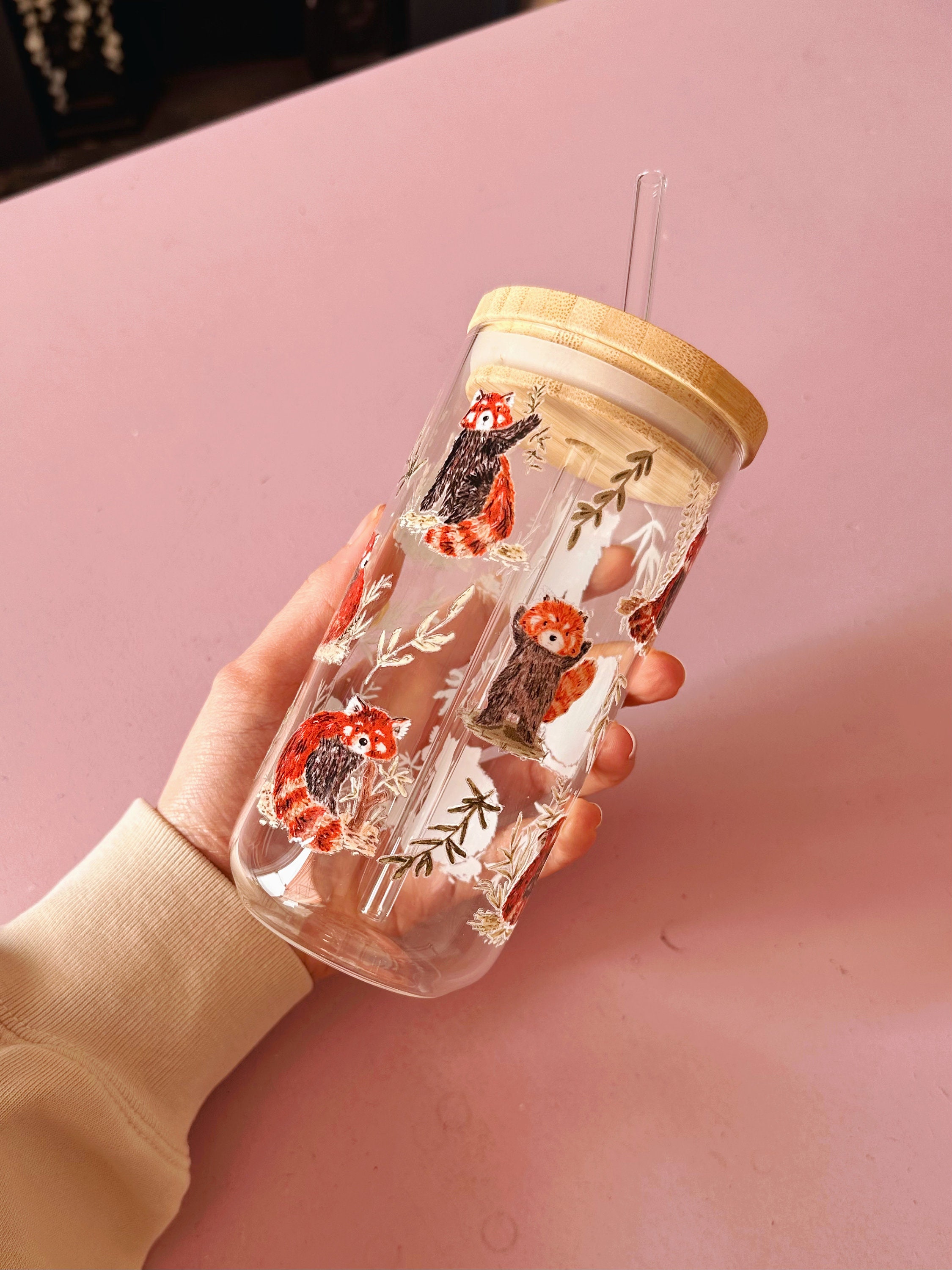 Red Panda Glass Tumbler With Bamboo Lid and Glass Straw - Glass Can Cup ...