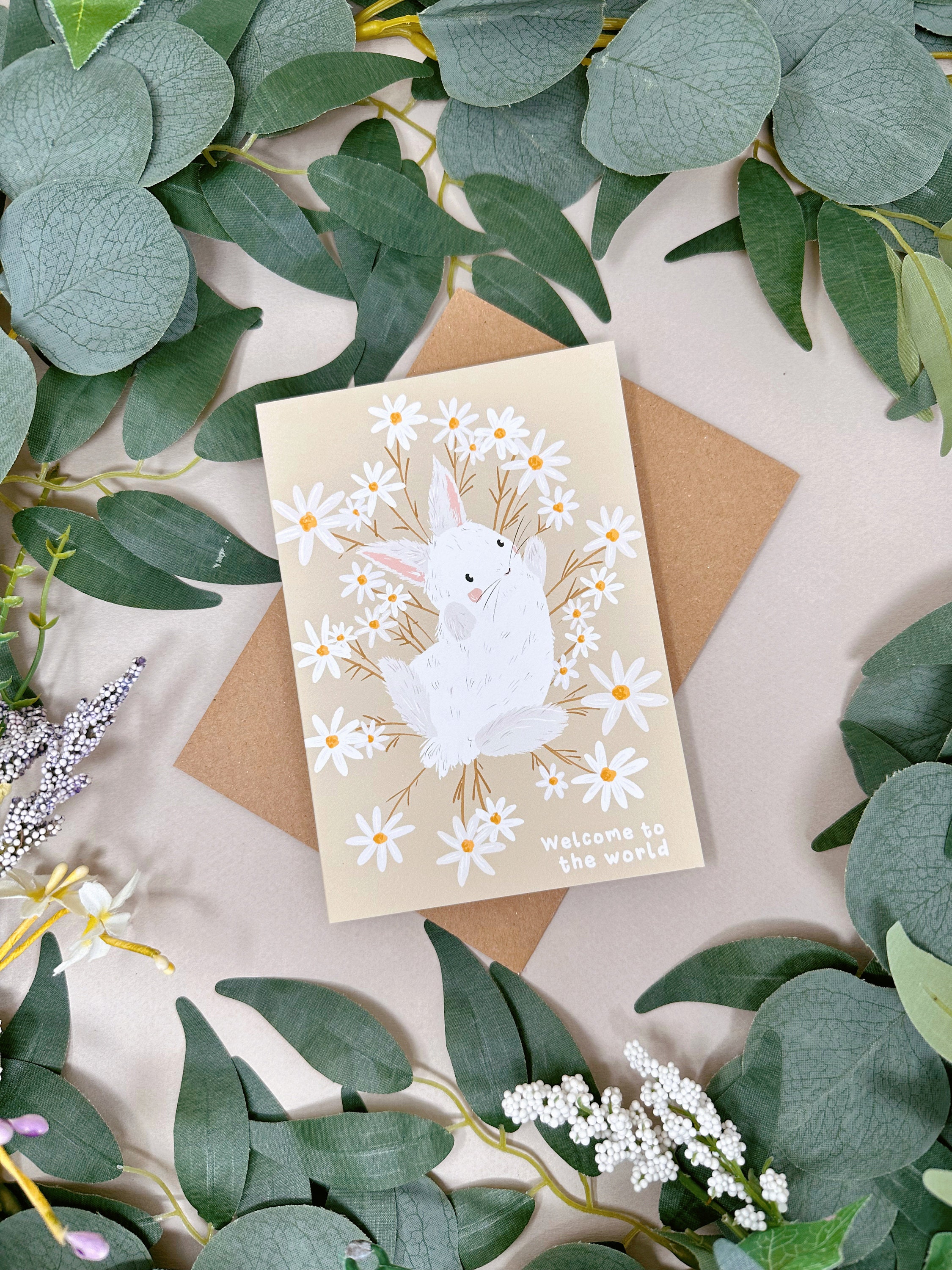 Rabbit New Baby Card - Daisy Baby Rabbit Card - Cute Bunny Baby Card ...