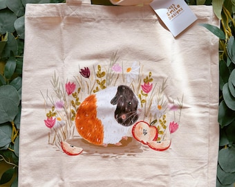 Guinea Pig Tote Bag - Illustrated Tote Bag -Book Bag Tote -Holiday Beach Bag-Teacher Tote Bag Gift- Tote Bag with Gusset -Everyday Tote