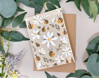 Bee Thank You Card - Bumble Bee Thank You Card - Cute Bee Thanks Card - Spring Card - Daisy Bee Thank You Card - Bee Lover Card - NoteCard