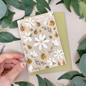 Daisy Bee Geburtstagskarte - Botanische Geburtstagskarte für Biene - Süße Biene Geburtstagskarte - Hummel Karte -Kawaii alles Gute zum Geburtstag Karte -Bienen Liebhaber Geschenk
